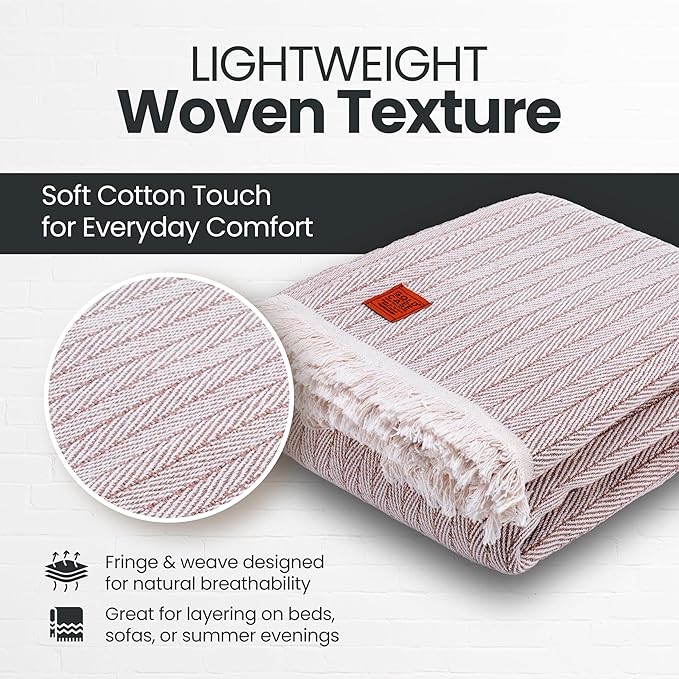 Gold Case Throw Blanket for Bed – 100% Recycled Turkish Cotton Bed Blanket – Decorative Throw Cotton Blankets for Living Room & Bedroom – Woven Twin Blankets – Vintage Beige – 71x90