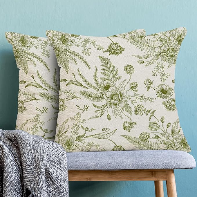 CXMEIFLY Sage Green Spring Pillow Covers 20 x 20 Inch Set of 2 for Chinoiserie Flowers Decor Throw Pillows Floral Leaves Seasonal Plant Outdoor Decorative Cushion Cases for Couch Bed Decorations