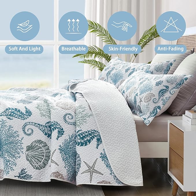 Coastal Bedding California King Size Coastal Quilt with 2 Shams, Nautical Beach Comforter Sets Ocean Bedspreads Blue Seahorse Coverlet Summer Bedding, 106''x118''