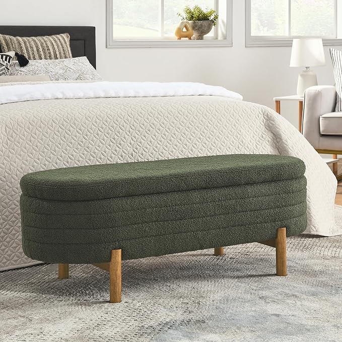 Furniliving 46” Storage Benches, End of Bed Bench with Button-Tufted Large Upholstered Storage Ottoman Teddy Window Bench with Storage Shoe Cabinet Bench, for Bedroom, Entryway, Closet, Green
