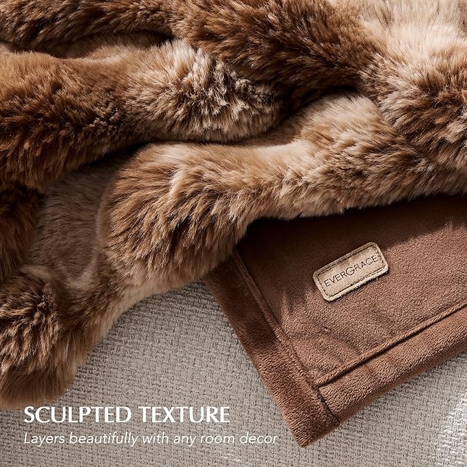 EVERGRACE Ultra Soft Luxury Fluffy Ridgeline Faux Rabbit Fur Throw Blanket, Thick Warm Bubble Throw for Bed, Cozy Plush Reversible Blankets for Couch, Chair, Sofa, Lion Caramel, 60x80 Inches, 870 GSM