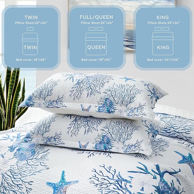 Coastal Bedding King Size Coastal Quilt with 2 Shams, Nautical Beach Comforter Sets Ocean Bedspreads Blue Starfish Coverlet Summer Bedding, 96''x106''