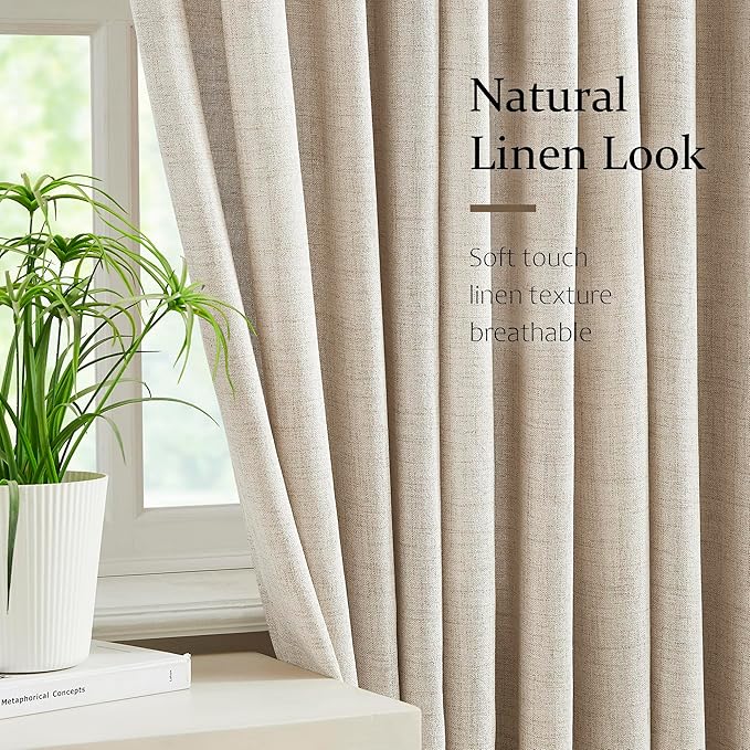 FMFUNCTEX Pinch Pleated Curtains 84 Inches Long for Living Room, Beige Semi Sheer Faux Linen Textured Pleat Drapes for Bedroom with Hooks, Light Filtering Neutral Farmhouse Window Drapes 2 Panels
