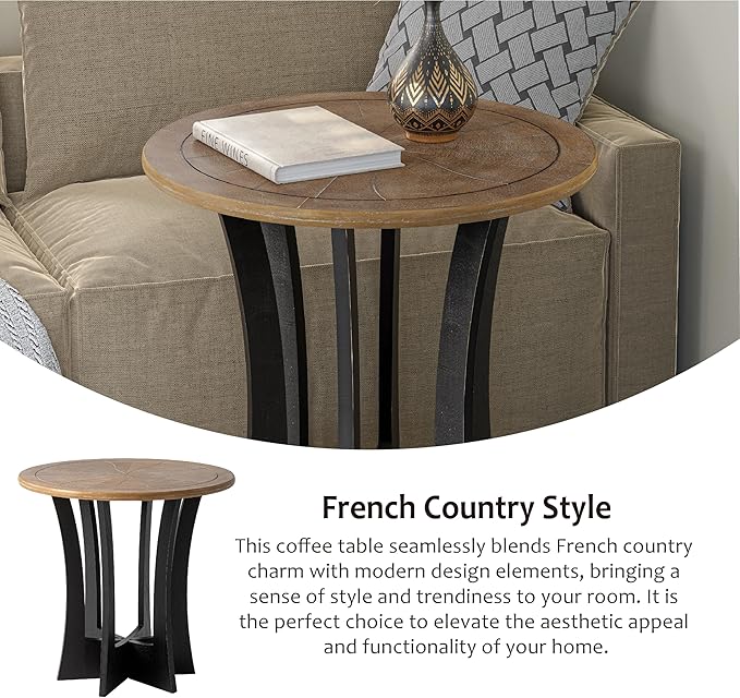 Farmhouse Round End Table with Criss-Cross Wood Legs, Rustic French Country Side Table for Dinning or Living Room, Modern, Black, Natural Wood
