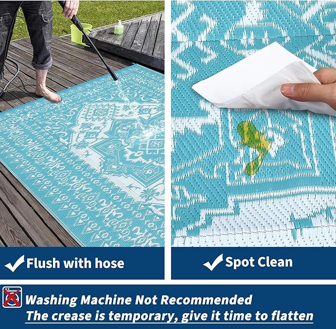 GAOMON Outdoor Rug Waterproof 9x18 Reversible Plastic Straw Rug, Large Rugs for Patio UV-Resistant Portable RV Camping Mats, Indoor Outdoor Medallion Carpet for Deck Porch Garden, Light Blue