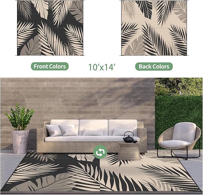 GENIMO Outdoor Rug 10' x 14' Waterproof for Patios Clearance, Reversible Outdoor Plastic Straw Camping Rug Carpet, Large Area Rugs Mats for RV, Camper, Deck, Balcony, Porch, Beach, Picnic, Black&Beige