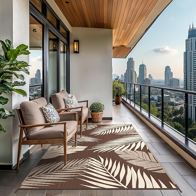 GENIMO Outdoor Rug 4' x 6' Waterproof for Patios Clearance, Reversible Outdoor Plastic Straw Camping Rug Carpet, Large Area Rugs Mats for RV, Camper, Deck, Balcony, Porch, Beach, Coffee&Beige