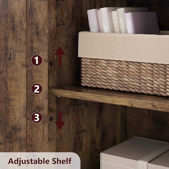 GarveeHome 54in Tall Bathroom Cabinet, Farmhouse Storage Cabinet with Glass Doors and Adjustable Shelves, Freestanding Kitchen Pantry Cabinets, Cupboard for Living Room, Dining Room, Rustic Brown