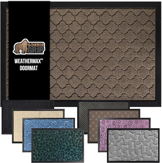 GORILLA GRIP 100% Waterproof All-Season WeatherMax Doormat, 47x35, US Designed Natural Rubber, Stain and Fade Resistant, Low Profile Indoor Outdoor Door Mats, Easy Clean Patio Mat, Latte Quatrefoil