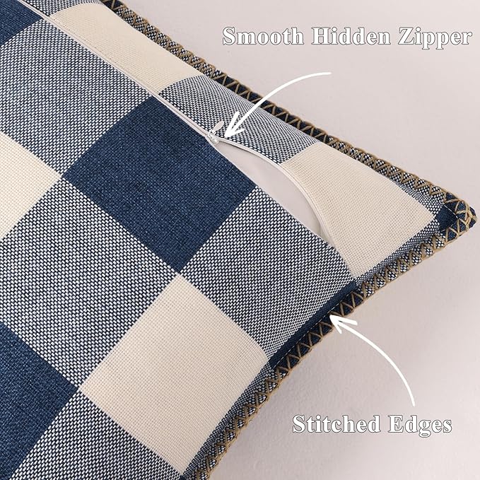 decorUhome Buffalo Plaid Check Throw Pillow Covers 12x20 Set of 2, Outdoor Lumbar Decorative Farmhouse Neutral Pillow Covers with Stitched Edge for Bed Couch Sofa, Navy Blue and White