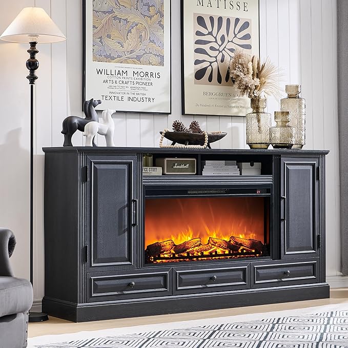 Fireplace TV Stand for 80 Inch TV, 35.7" Tall Farmhouse Entertainment Center W/36'' Electric Fireplace, Media Console with Large Storage Cabinets and Drawers for Living Room, Black