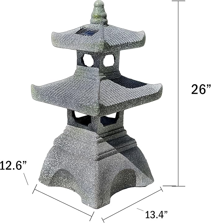 Galt International 2 Tier Pagoda Garden Statue LED Solar Powered Light 26" Tall Outdoor Zen Garden Lantern Landscape Lawn Asian Pagoda Stupa Decor Grey Resin