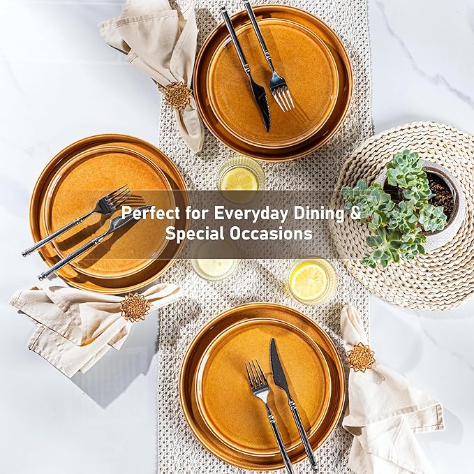 GBHOME Ceramic Dinnerware Sets for 4, 12 Pieces Stoneware Plates and Bowls Sets, Scratch Resistant Dishes, Dishwasher & Microwave Safe, Reactive Glaze-Amber