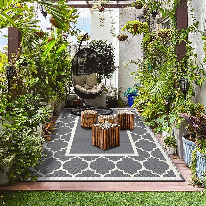 GENIMO 5 ' x 8 ' Outdoor Rug for Patio, Waterproof Indoor Outdoor Plastic Straw Rugs Carpet, Reversible Outside Area Mat for Camping, Balcony Porch, Deck, Picnic, Beach Grey & Beige White