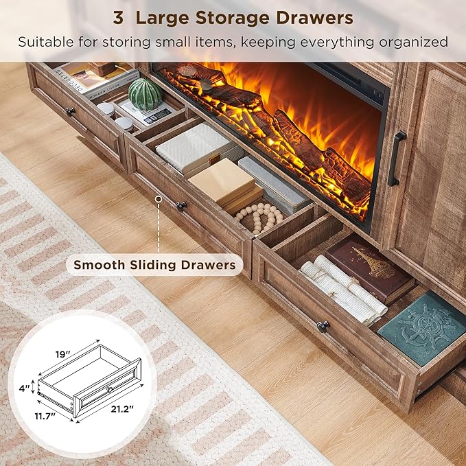 Fireplace TV Stand for 80 Inch TV, 35.7" Tall Farmhouse Entertainment Center W/36'' Electric Fireplace, Media Console with Large Storage Cabinets and Drawers for Living Room, Light Brown