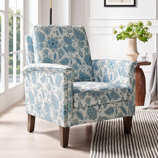 Floral Accent Chair, High Back Upholstered Armchair with Solid Wooden Legs, Padded Armrest and Removable Comfortable Cushioned Seat Single Sofa for Living Room, Bedroom, Blue