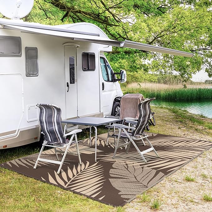 GENIMO Outdoor Rug 8' x 10' Waterproof for Patios Clearance, Reversible Outdoor Plastic Straw Camping Rug Carpet, Large Area Rugs Mats for RV, Camper, Deck, Balcony, Porch, Beach, Picnic, Coffee&Beige