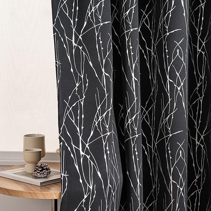 Grommets Blackout Long Window Curtains Black Silver-52W*108L 2PCS Drapes for Bedroom