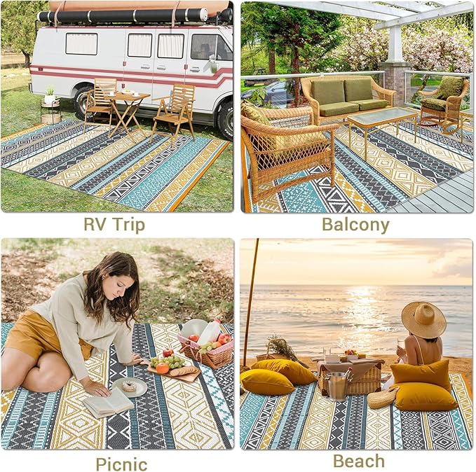 GAOMON Outdoor Rugs Patio Camping Waterproof Rug 6'x9' Plastic Straw Patio Rug Portable for Campers, Outside RVs Mat for Patios Clearance, Backyard Porch, Balcony, Teal/Yellow(Bohemia)