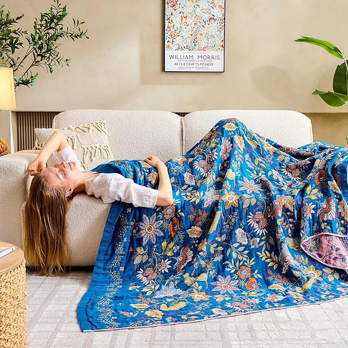 Fall Throw Blanket for Couch, Blue Boho Decorative Throw Blanket, 100% Cotton Muslin Breathable Woven Farmhouse Blankets Quilt, 60"x80" Reversible Lightweight Blankets Bohemian Throw Quilt