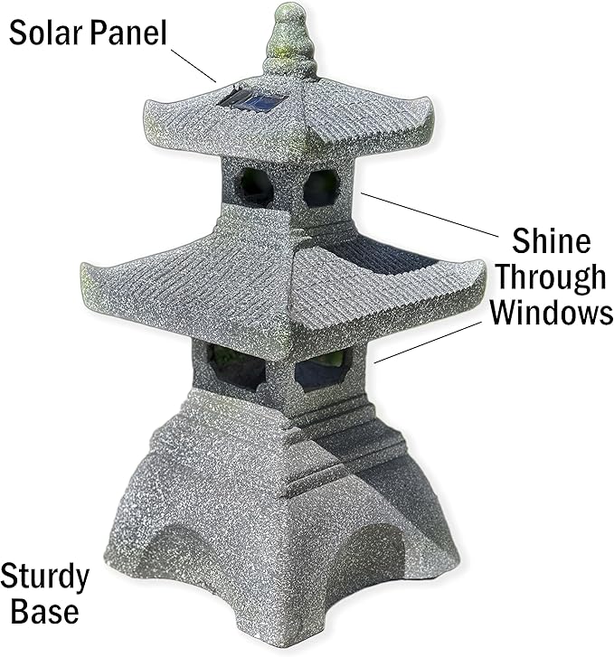 Galt International 2 Tier Pagoda Garden Statue LED Solar Powered Light 26" Tall Outdoor Zen Garden Lantern Landscape Lawn Asian Pagoda Stupa Decor Grey Resin