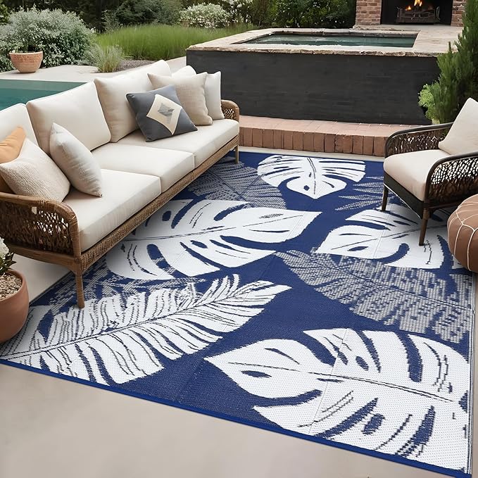 GAOMON Outdoor Plastic Straw Rug 9x18 Waterproof Patio Rug Reversible Camping Mat, Foldable Portable RV Picnic Carpet with Bag & 4 Stakes, UV Resistant Outside Carpet for Deck Balcony, Blue