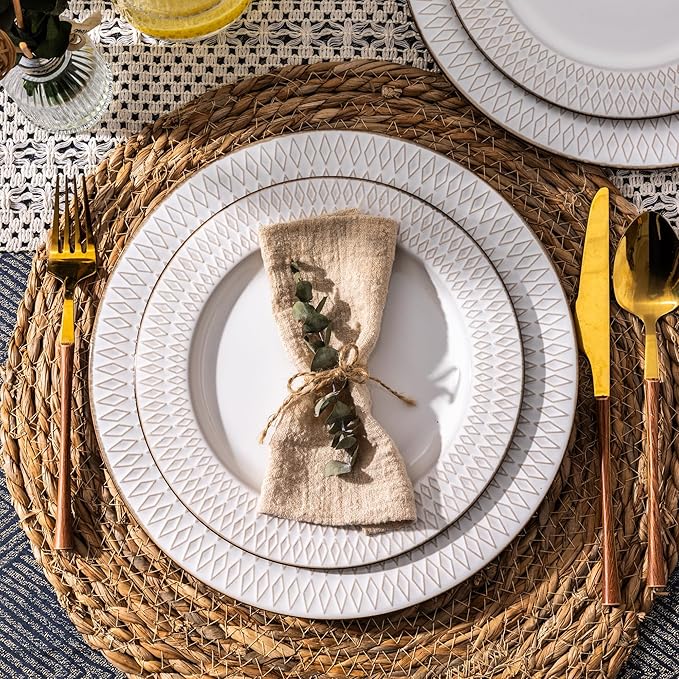 GBHOME Ceramic Dinnerware Sets,12 pcs Embossed Elegant Stoneware Plates and Bowls Sets, Housewarming Wedding Gift | Dishwasher & Microwave Safe | Dishes Set Service for 4