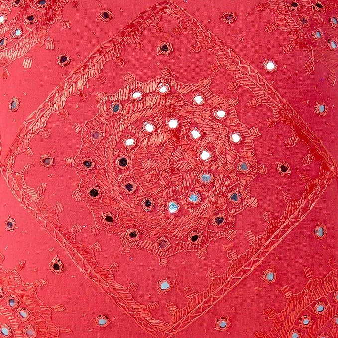 Eyes of India Embroidered Decorative Boho Throw Pillow Cover with Mirrors, Handmade Bohemian Accent Cushion Case for Sofa Couch Bedroom Living Room (Red, 16" x 16")