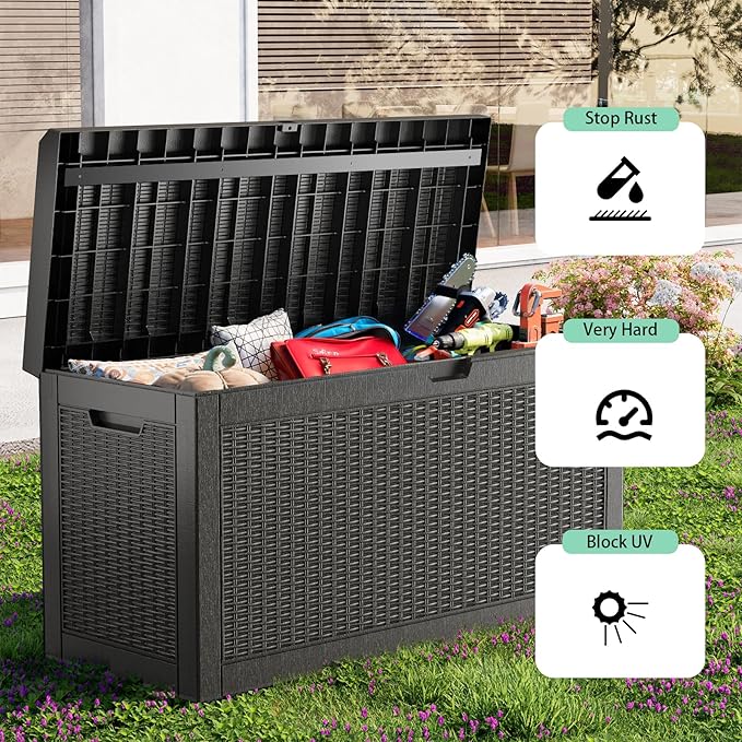 DRATO 60 Gallon Deck Box, Waterproof Resin Large Outdoor Storgae Box for Patio Furniture, Patio Cushions, Gardening Tools, Pool and Sports Supplies, Lockable