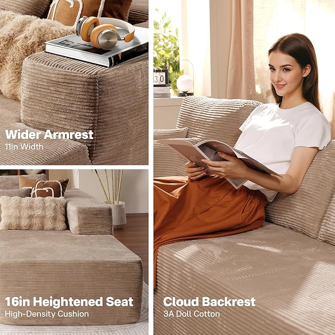 104" Cloud Sectional Couches for Living Room,L Shaped Boneless Couch in A Box,Sleeper Sofa with Comfy Chaise No Assembly Required,Camel