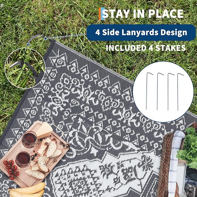 GAOMON Outdoor Patio Rug 9x12 Waterproof Reversible Plastic Straw Rug, Large UV-Resistant Portable RV Camping Mats, Indoor Outdoor Rugs for Outside Deck Porch Garden RV, Gray & White