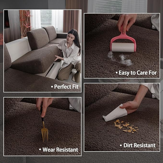 Couch Cushion Covers for Sectional Sofa, Stretch Soft Sofa Slipcovers Washable Wear-Resistant Universal Furniture Protector for Living Room(3 Seaters Covers+1 Chaise Cover, Brown)