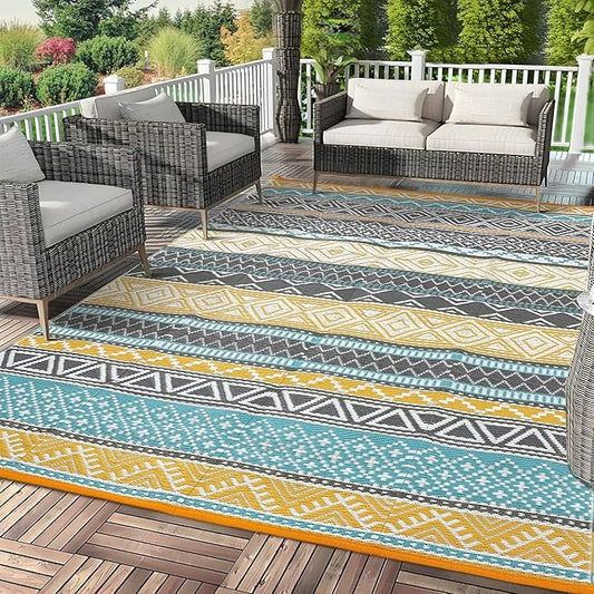 GAOMON Outdoor Rug for Patio 5'x8' Reversible Plastic Rugs Camping Mat for Outdoor, RV, Backyard, Deck, Balcony, Picnic, Beach, Teal/Yellow(Bohemia)