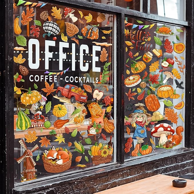 Fall Window Clings Decorations - Leaves Pumpkin Scarecrow Autumn Clings for Glass Windows, Double Sided Reusable Window Stickers, Cute Large Thanksgiving Harvest Window Decals-184 PCS/9 Sheet