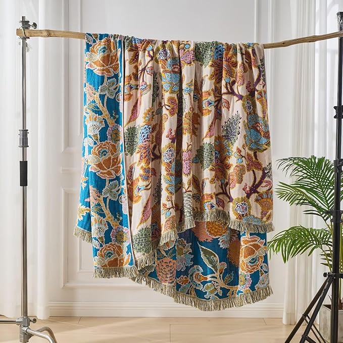 100% Cotton Summer Boho Throw Blanket, King Size Living Room Reversible Blanket, Boho Floral Bird Colorful Retro Quilt Ultra Soft Reversible Gauze Blanket for All Season, 90"x98"
