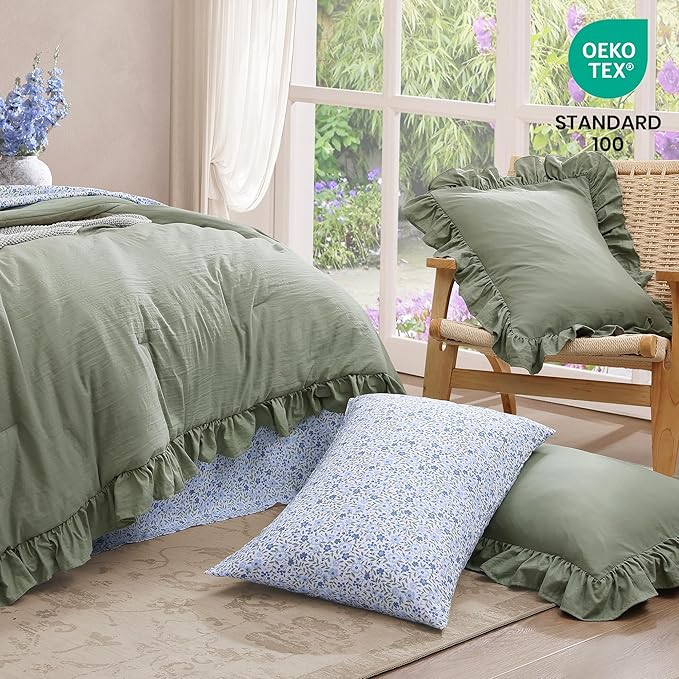 Full Comforter Set - 7 Pieces Ruffle Sage Green Bedding Sets, Shabby Chic Farmhouse Bed in a Bag Full with Ruffle Comforter, Floral Sheets, Pillowcases & Shams