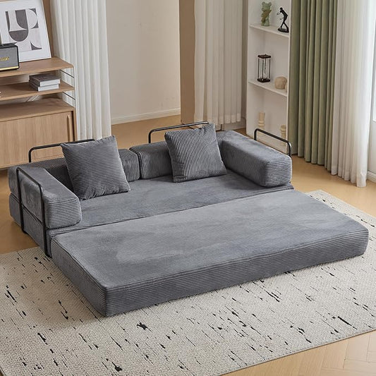 Convertible Sleeper Sofa Bed, Compression Folding Sofa with Pillow, No Assembly Required, Shape Frame, Floor Sofas Lounge Couch for Living Room, Bedroom, Small Spaces(Corduroy, 77''W, Dark Grey)