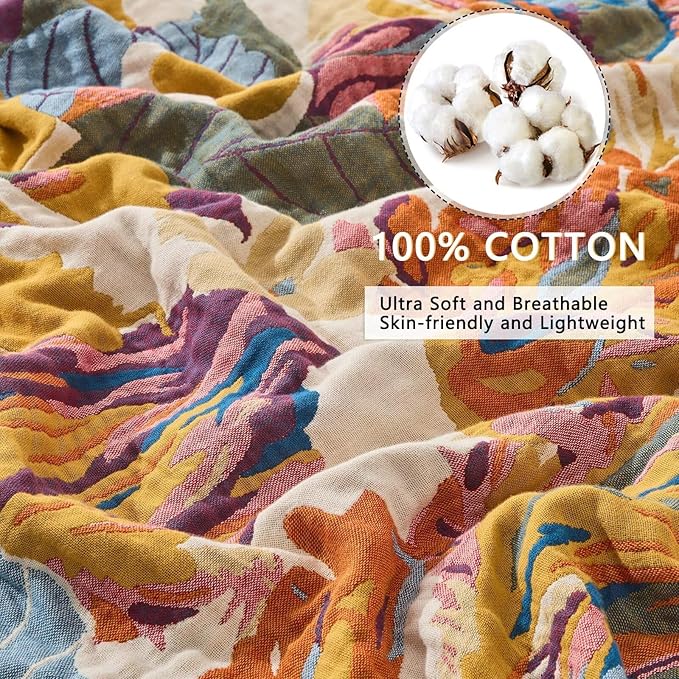 100% Muslin Throw Blanket for Couch, Butterfly and Floral Double Embroidery Summer Throw Blanket 60"x80" for Bed, Chair, Woven Cotton Reversible Mexican Blanket