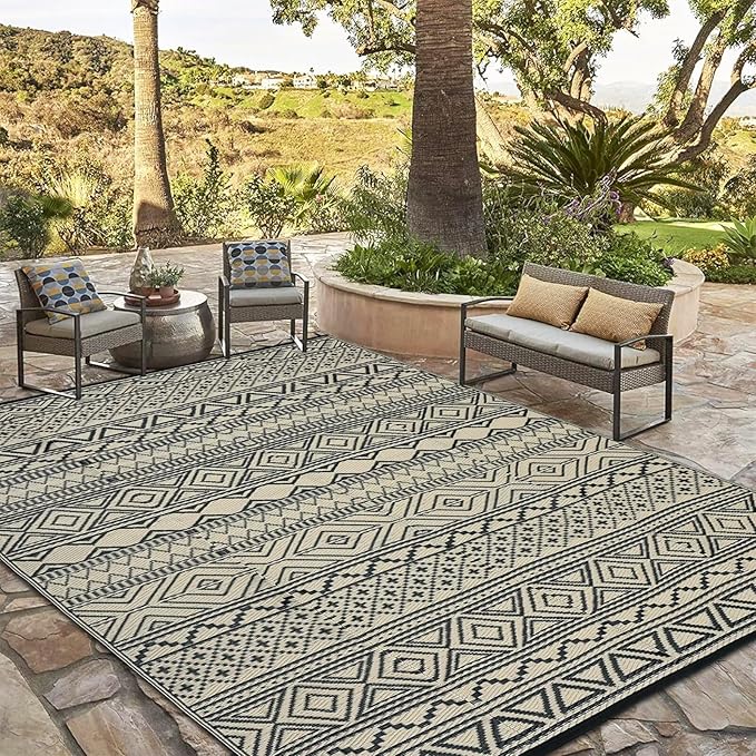 GAOMON Outdoor Rug for Patio Clearance 5x8 Reversible Plastic Straw Patio Rug for Camping Stain & UV Resistant RV Mats for Porch, Deck, Backyard, Camper, Balcony, Picnic, Black&Brown