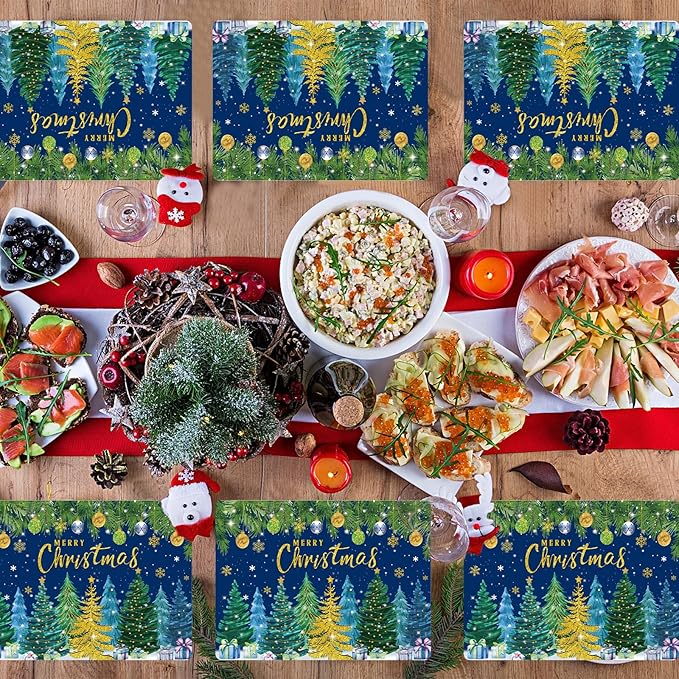 Christmas Pine Trees Placemats Set of 6 Plastic Table Mats Xmas Ball Ornaments Snowflakes Place Mats Holiday Pine Trees Winter Table Decoration for Indoor Outdoor Party Kitchen Dining