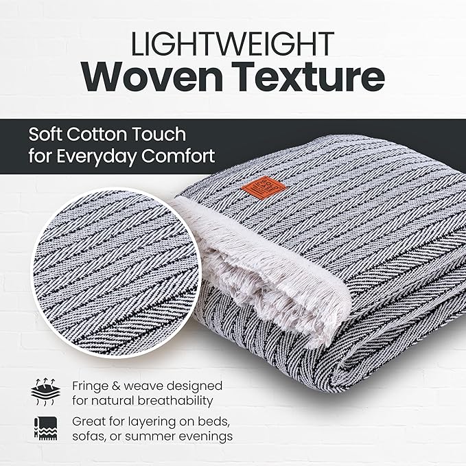 Gold Case Throw Blanket for Bed – 100% Recycled Turkish Cotton Bed Blanket – Decorative Throw Cotton Blankets for Living Room & Bedroom – Woven Twin Blankets - 71x90 - Black