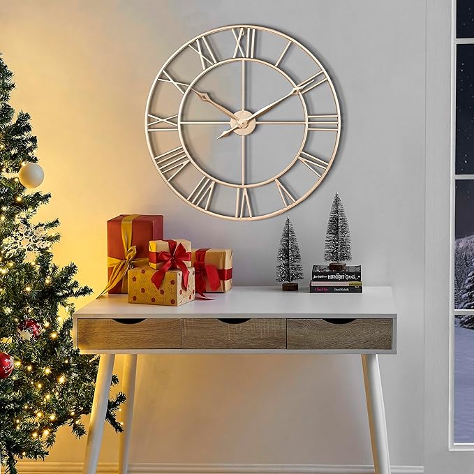 CLXEAST 30 Inch Wall Clock,Large Champagne Gold Metal Roman Numeral Wall Clock, Modern Wall Clocks for Living Room Decor,House Warming Gifts New Home