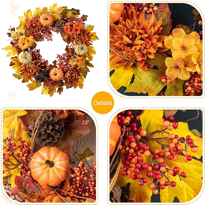 Glitzhome 24 inch Artificial Fall Wreath Decor, Autumn Maple Leaf Wreath for Front Door with Dahlia Pumpkin, Leaf and Berry Wreaths for Autumn Harvest Thanksgiving Halloween Decor