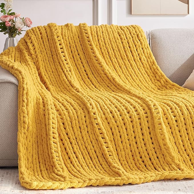 Chunky Knit Throw Blanket, 60''*80'' Knitted Throw Chenille Yarn for Bed Couch, Handmade Yellow Crochet Big Thick Blanket, Machine Washable Cute Comfy Blanket for Home Decor
