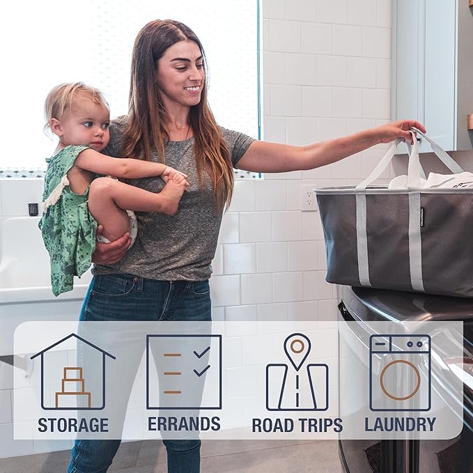 CleverMade Collapsible Laundry Tote - Denim Charcoal 2-Pack 50L - Foldable Storage Organization Container for Clothes Laundry Room Storage Solution