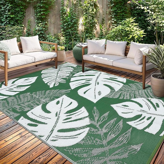 GAOMON Waterproof Plastic Straw Rug 9x12 Outdoor Patio Rug, Reversible Modern Camping Mat with Bag & Stakes, UV Resistant & Easy to Clean Outdoor Carpet for RV, Deck, Balcony, Green