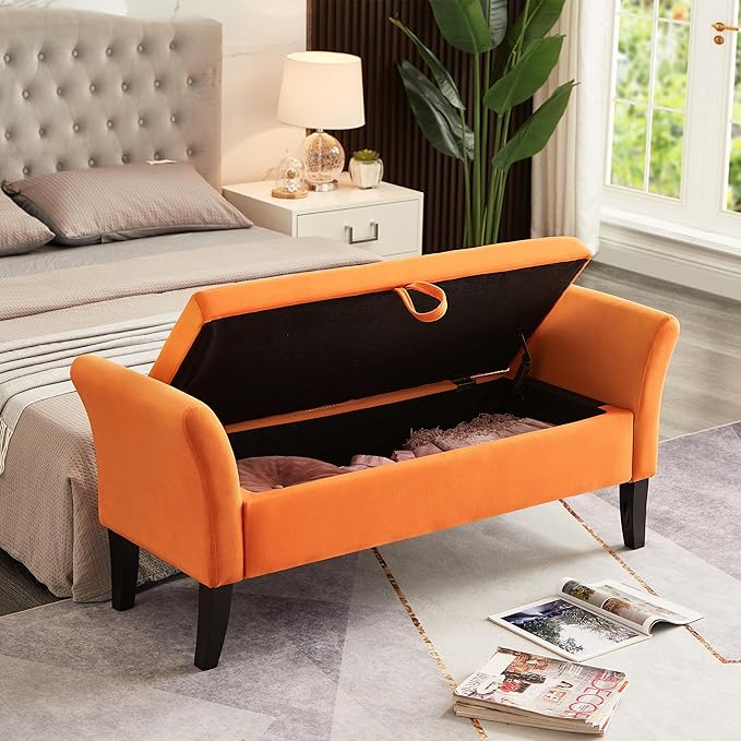 Furniliving 51 Inch Storage Bench for Living Room, Upholstered Bench Ottoman with Velvet Fabric, Modern Entryway Bench with Woodern Legs for Bedroom, Living Room, Shoe Storage & Seating, Orange
