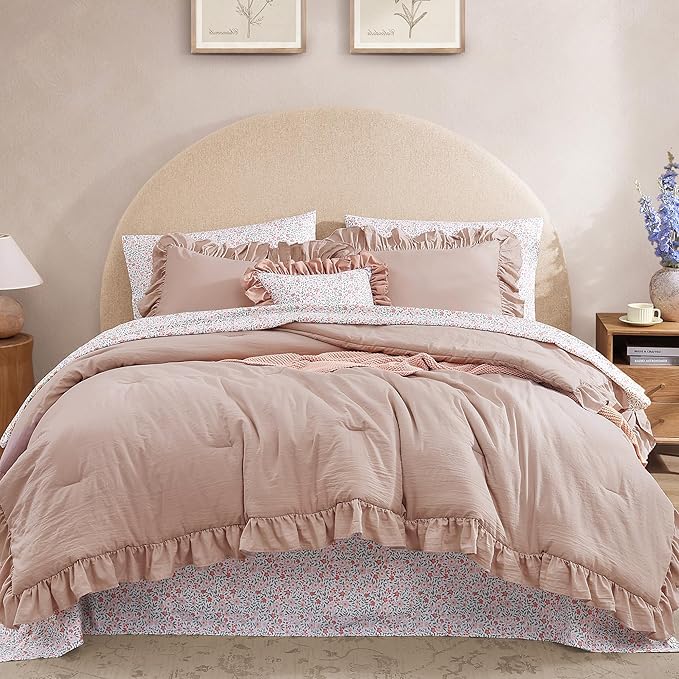 Full Comforter Set - 7 Pieces Ruffle Pink Bedding Sets, Shabby Chic Farmhouse Bed in a Bag Full with Ruffle Comforter, Floral Sheets, Pillowcases & Shams