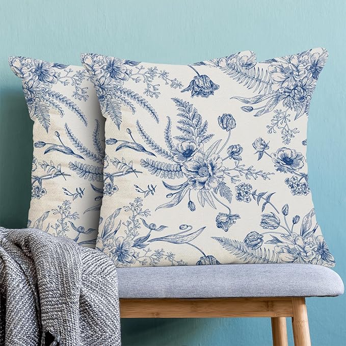 CXMEIFLY Spring Floral Leaves Pillow Covers 18 x 18 Inch Set of 2 for Chinoiserie Flowers Decor Throw Pillows Blue and White Seasonal Plant Outdoor Decorative Cushion Cases for Couch Bed Decorations