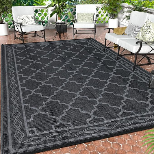 GAOMON Outdoor Rug 9'x12' Waterproof Rug for Patio Decor, Foldable Reversible Plastic Straw Area Rugs Mat for Camper, Outside Carpet for Deck, Porch, Picnic, Beach, Black/Grey(Geometric)